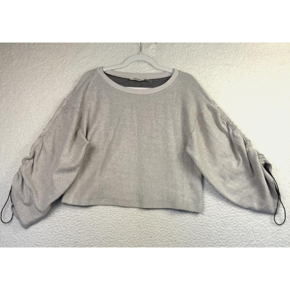 Ramy Brook Sweater Womens XS Gray Knit Ruched Balloon Sleeves Drawstring Cropped